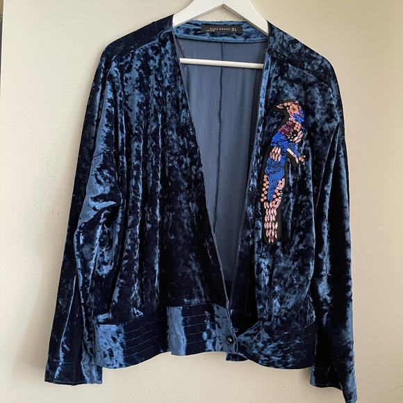 Zara Blue Velvet Sequin Bird Kimono Wrap Top - Picture 2 of 7